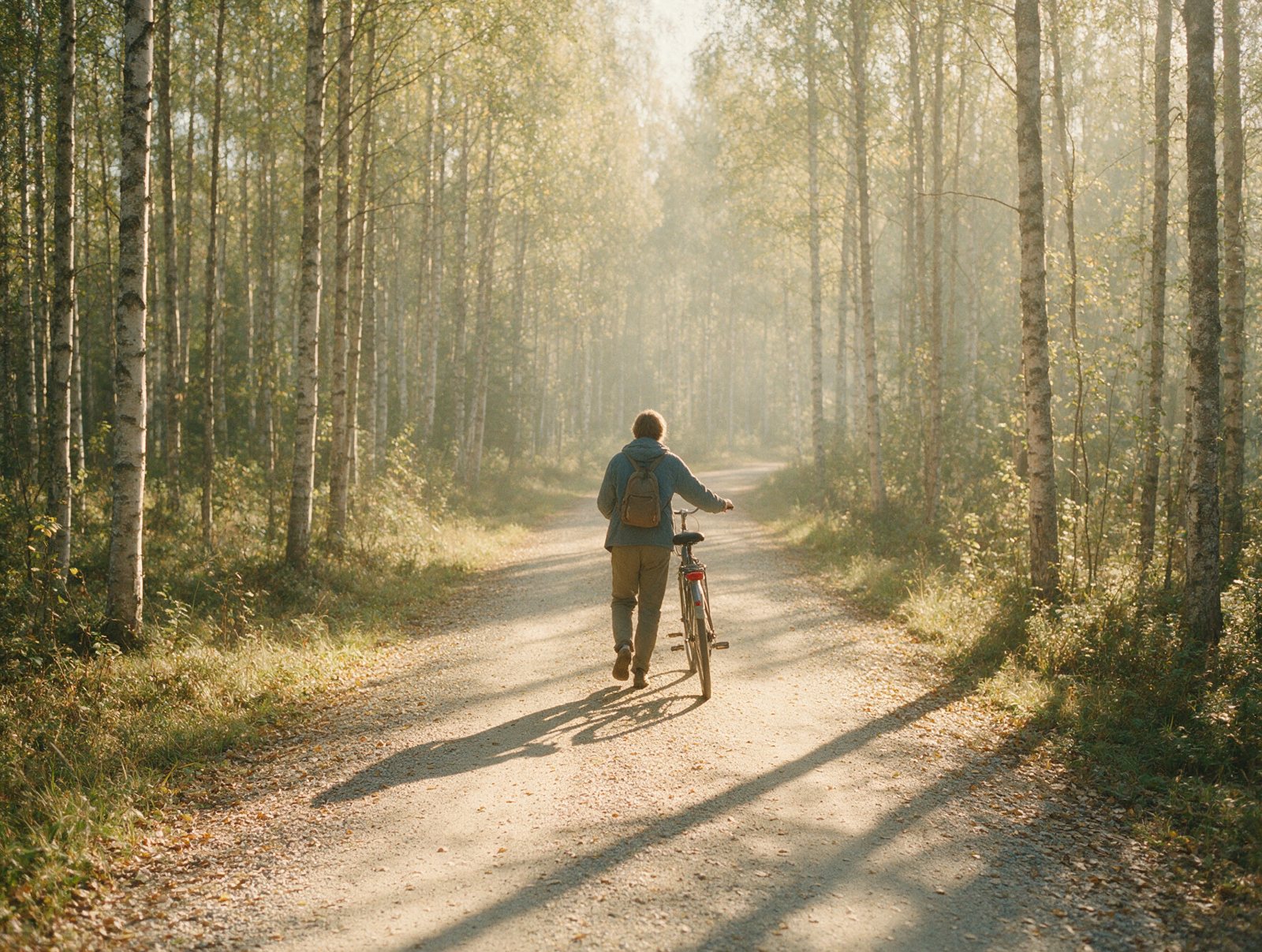 Pyöräilijä koivumetsän polulla
